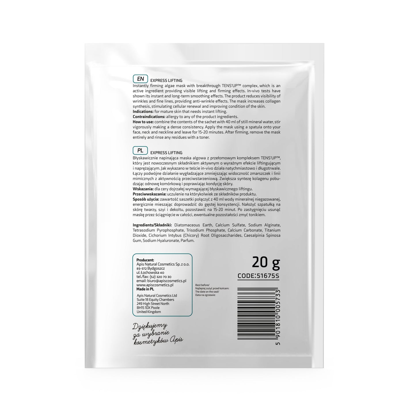 Apis Express Lifting Intensively Firming Algae Mask | Tens'Up Complex | 20g