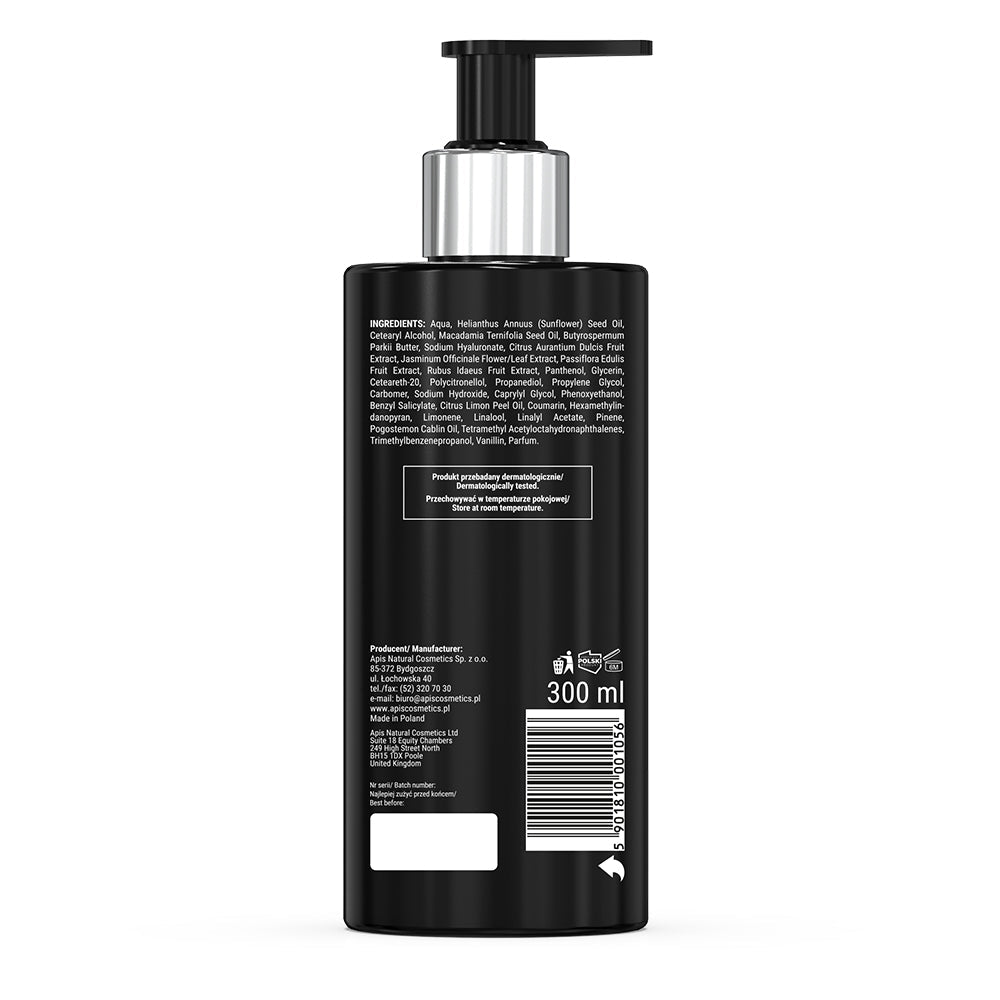 A 300 ml black pump bottle of hair oil shown from the back, featuring a black pump, a silver metallic collar, and white text detailing ingredients and product information.