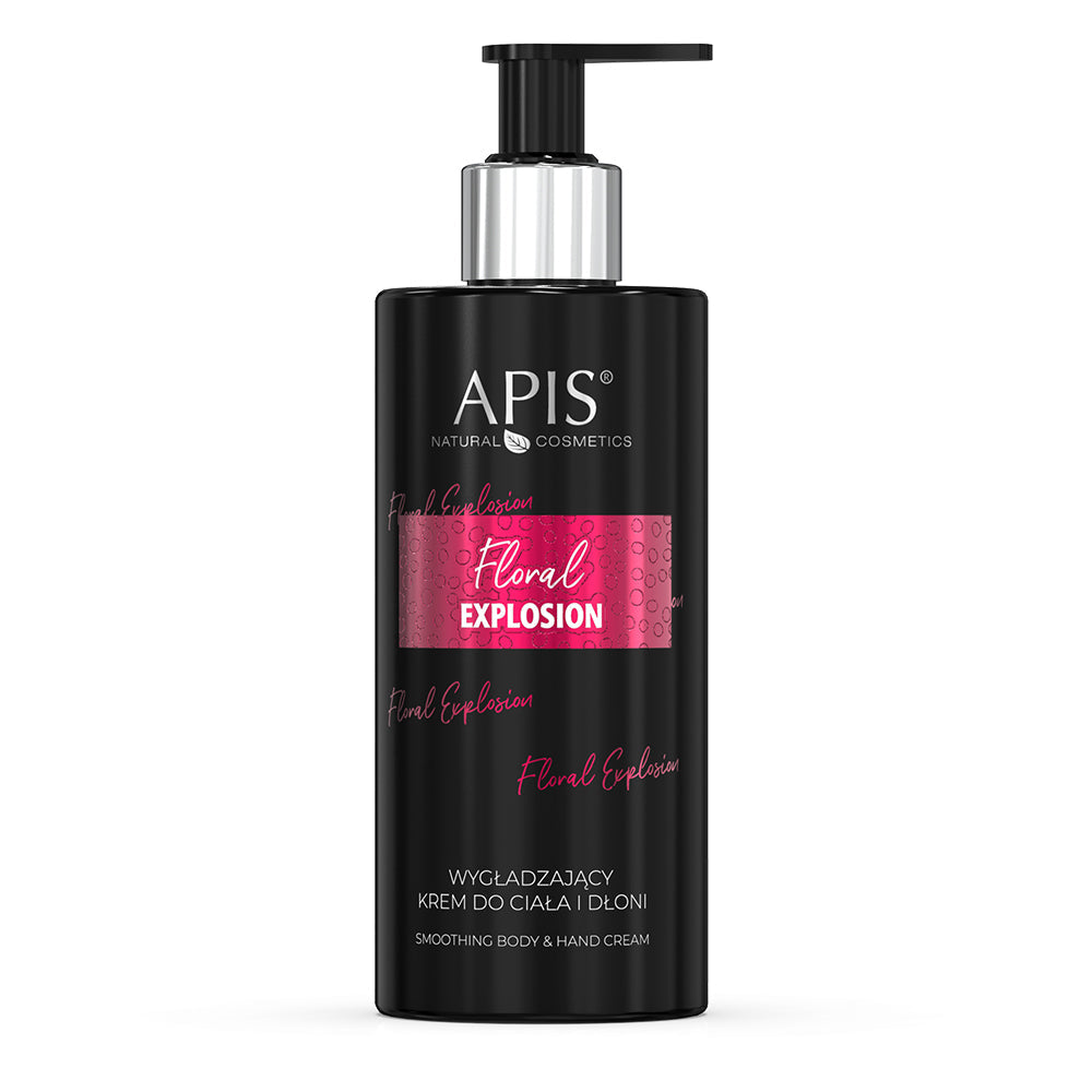 Black bottle of APIS body and hand cream with pink label on a white background