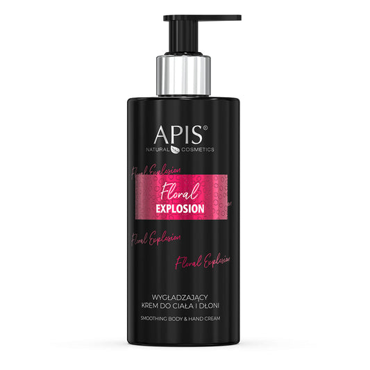 Black bottle of APIS body and hand cream with pink label on a white background