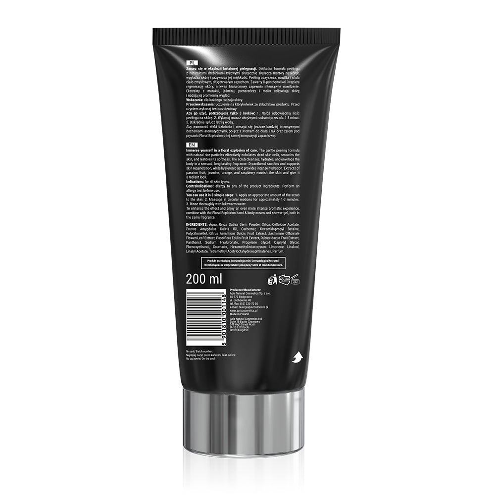 Rear view of Apis Floral Explosion Smoothing Rice Body Scrub 200ml on a white background