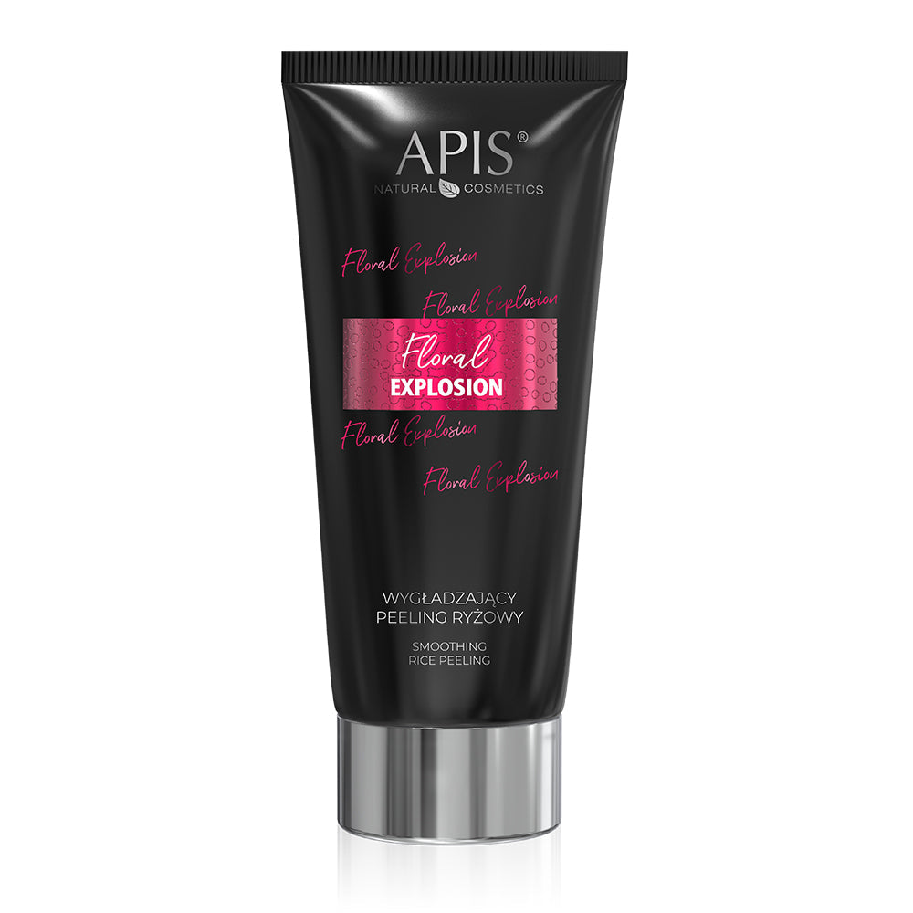 A black squeeze tube of Apis Floral Explosion Smoothing Rice Body Scrub 200ml with a metallic silver cap, set against a plain white background.