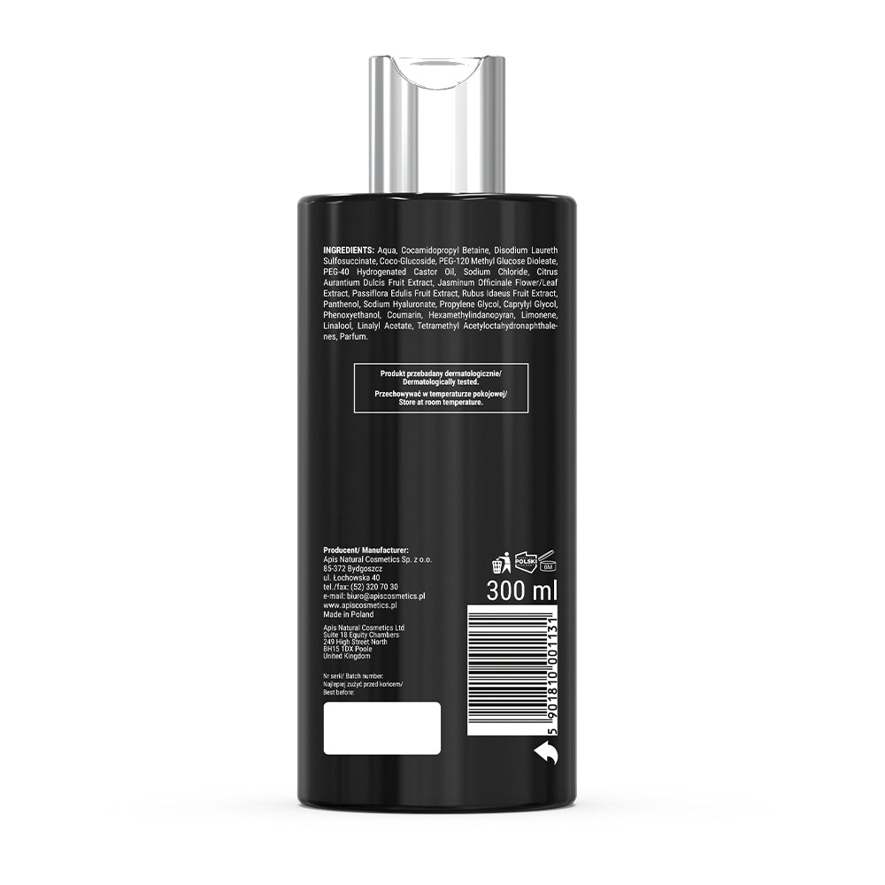 Back view of a black shampoo bottle with text and branding on a white background