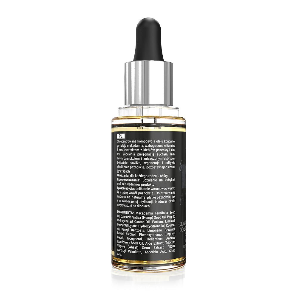 A glass dropper bottle of Apis Good Life Regenerating Cuticle & Nail Oil with Vitamin E 30ml with a black label and silver dropper cap, shown from the back on a white background.