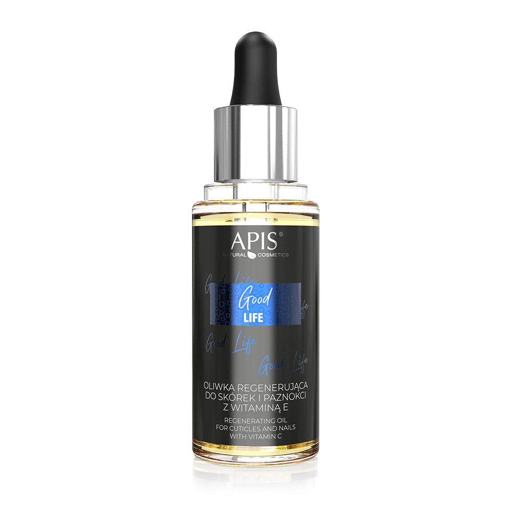 Apis Good Life Regenerating Cuticle & Nail Oil with Vitamin E 30ml bottle with dropper on a white background