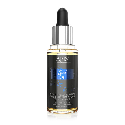 Apis Good Life Regenerating Cuticle & Nail Oil with Vitamin E 30ml bottle with dropper on a white background