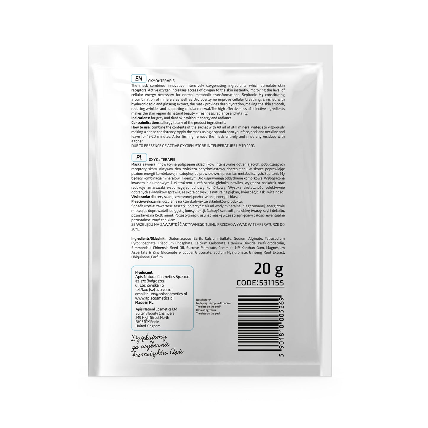 Apis Oxy O2 Oxygenating Algae Mask with Active Oxygen | 20g