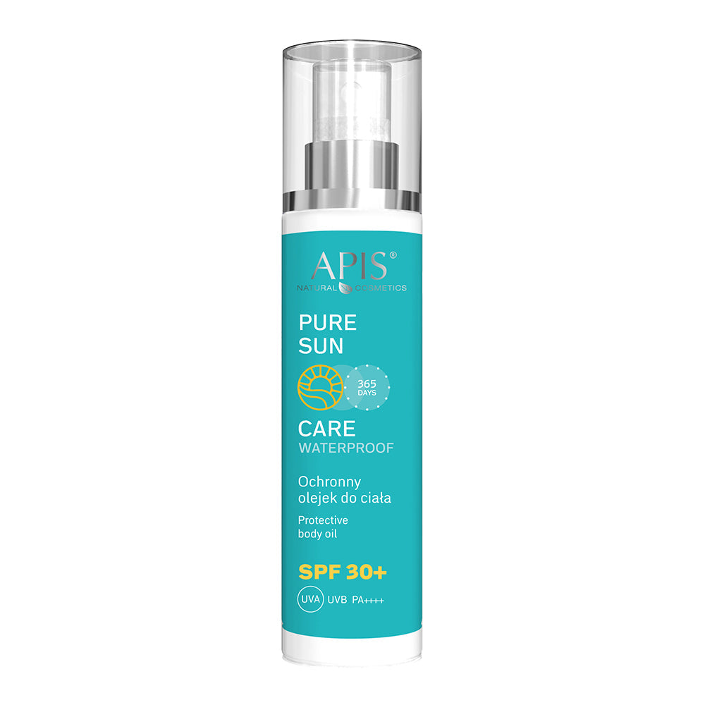 A bottle of APIS Pure Sun Care Waterproof protective body oil, featuring a turquoise label with white and yellow text, a clear cap, and a silver pump, set against a plain white background.