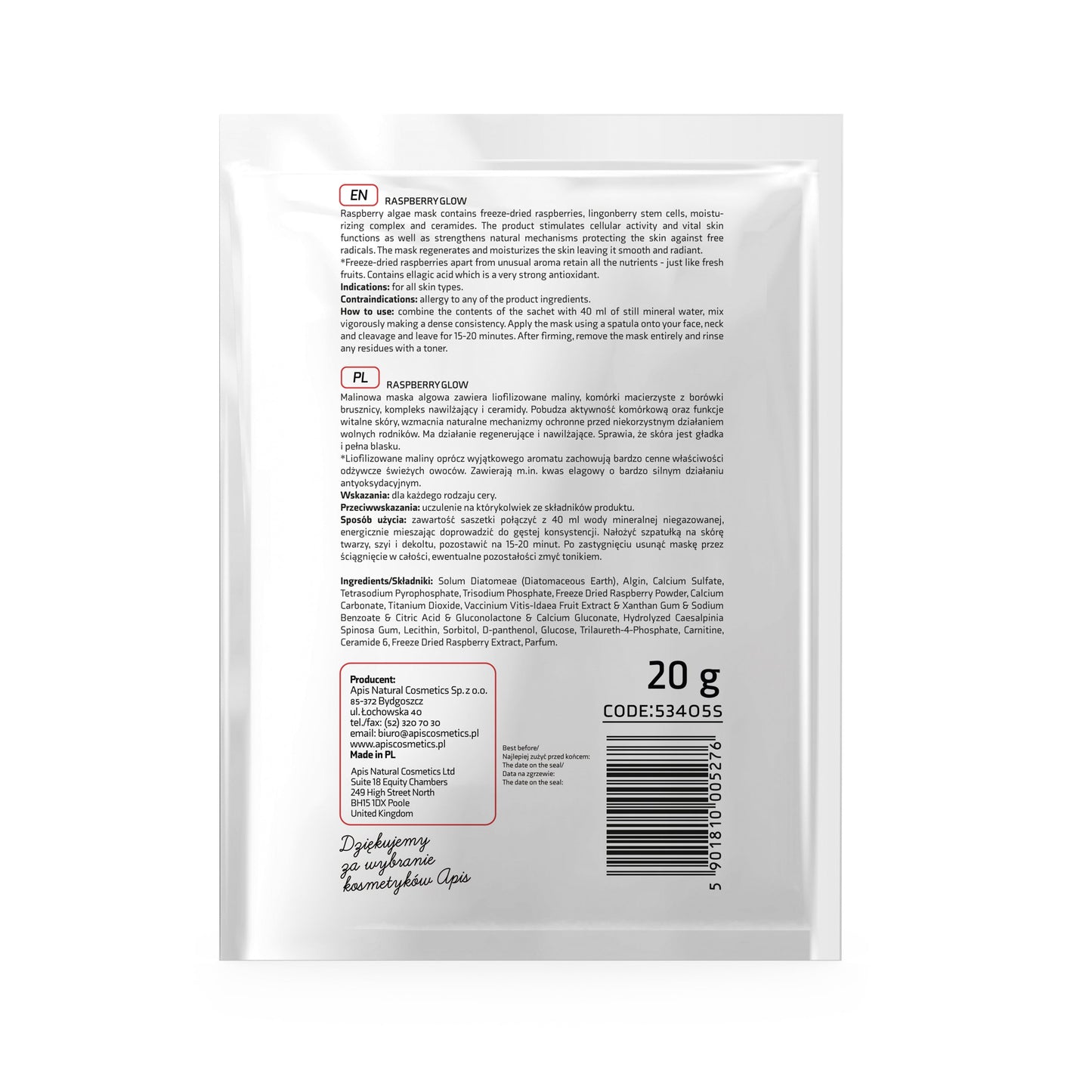 Apis Raspberry Glow Algae Mask with Freeze-Dried Raspberries | 20g