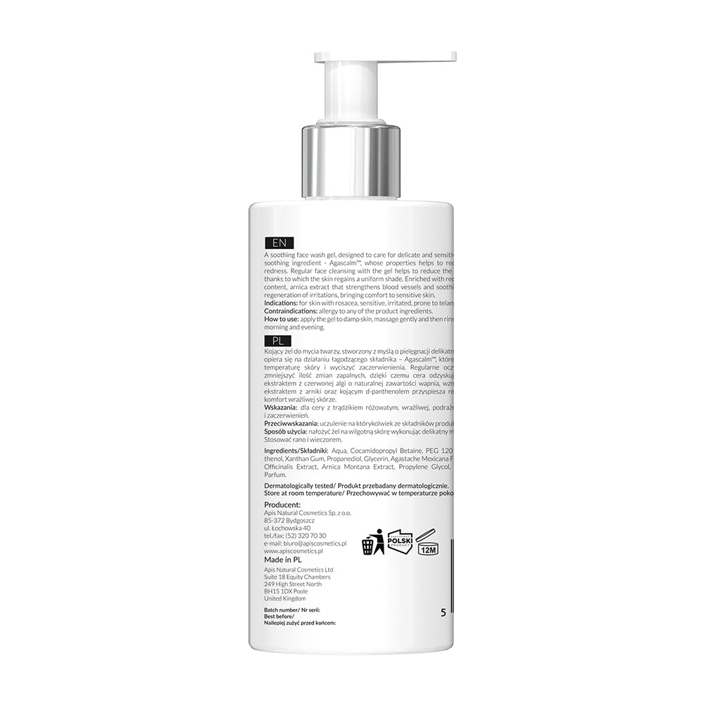 Rear of APIS Rosacea Stop face wash gel bottle on a white background, showing ingredients.