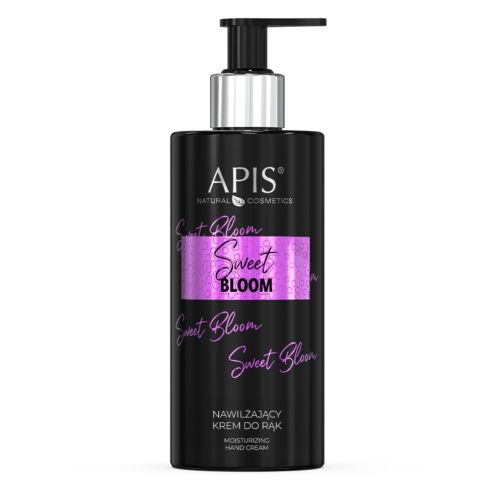 Black bottle of Apis Sweet Bloom Moisturising Hand Cream 300ml on a white background