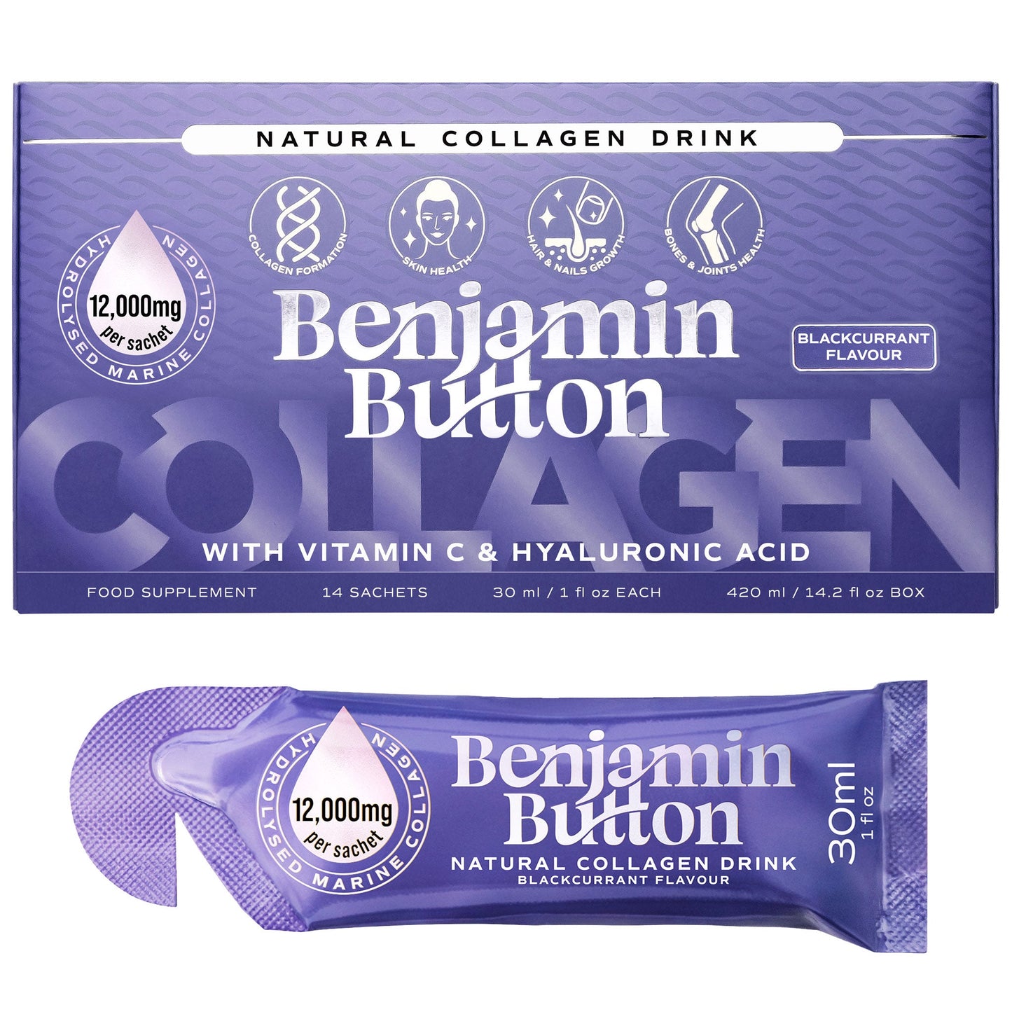 Benjamin Button 12,000mg Marine Collagen Liquid Sachets Blackcurrant 30ml x14