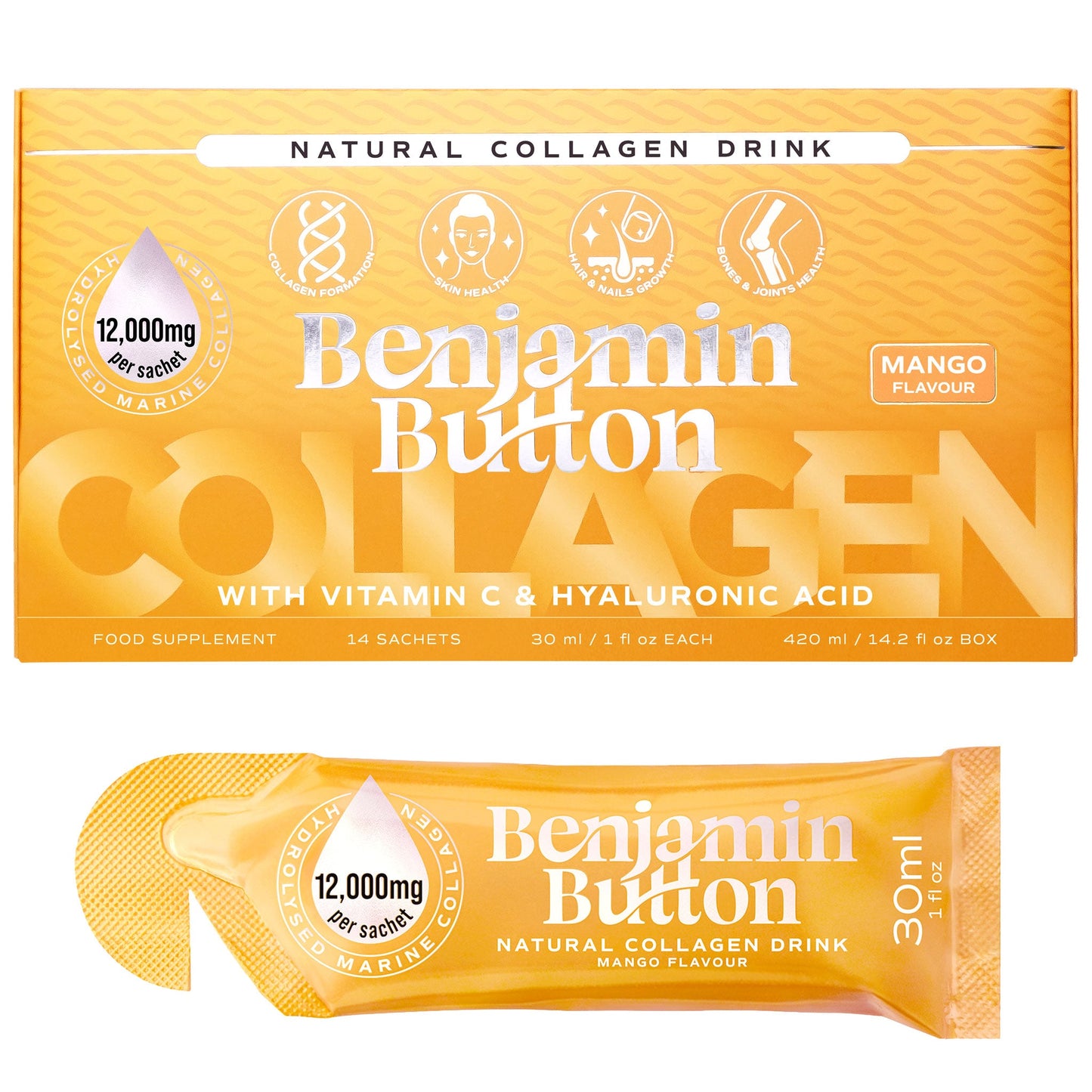 Benjamin Button 12,000mg Marine Collagen Liquid Sachets Mango 30ml x14