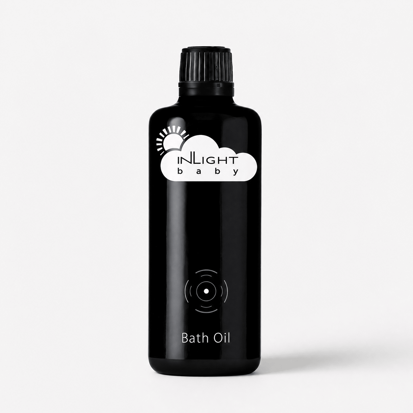 Black bottle of Inlight Beauty Baby Bath Oil 100ml on a white background