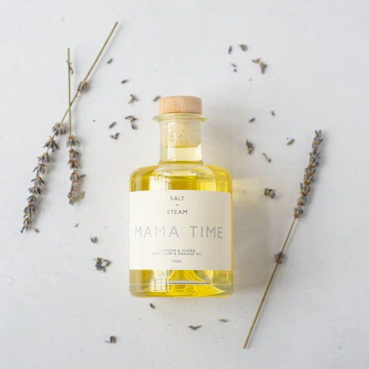 Salt + Steam Mama Time lavender bath and bump oil bottle