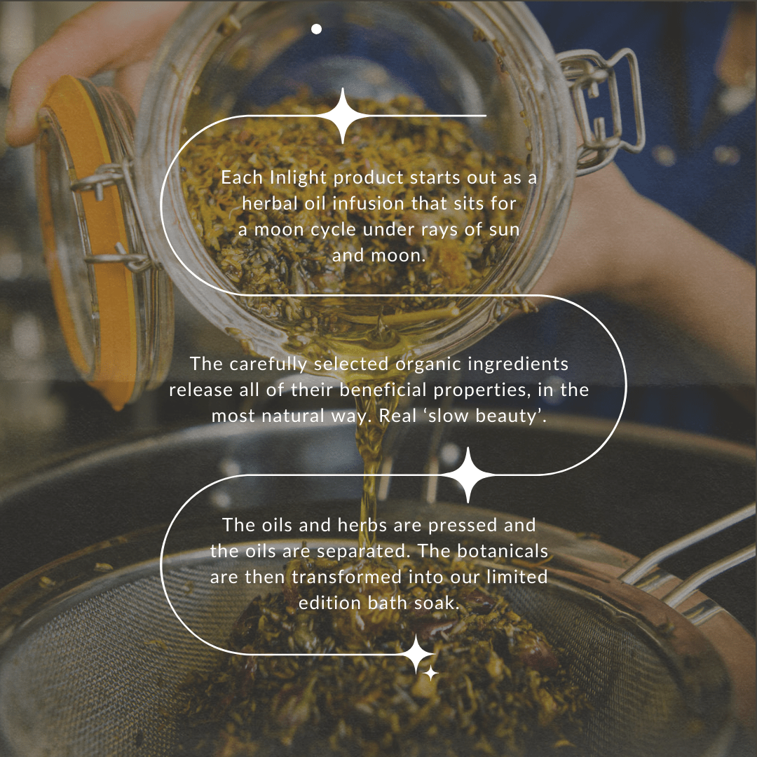 A person holds a glass jar filled with dried herbs and oil above a strainer, with three white text callouts explaining the product's moon-cycle oil infusion and botanical extraction process.