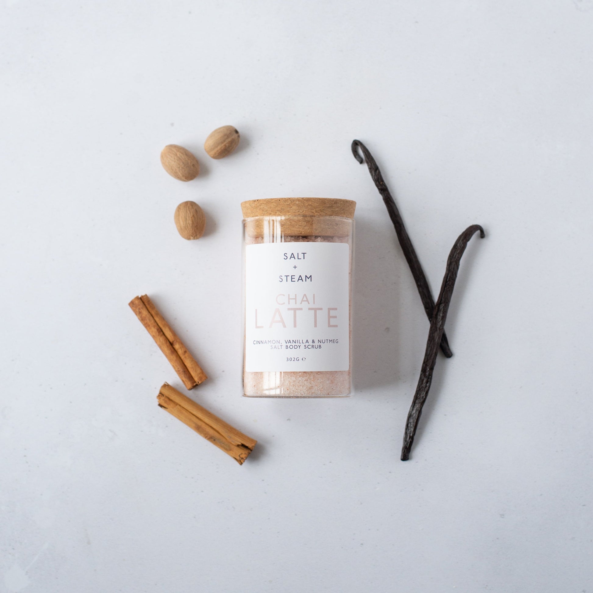 Salt + Steam Chai Latte body scrub jar, 302g