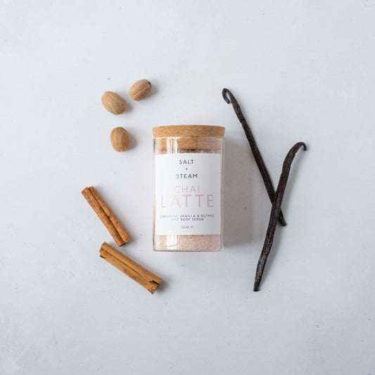 Salt + Steam Chai Latte body scrub jar, 302g