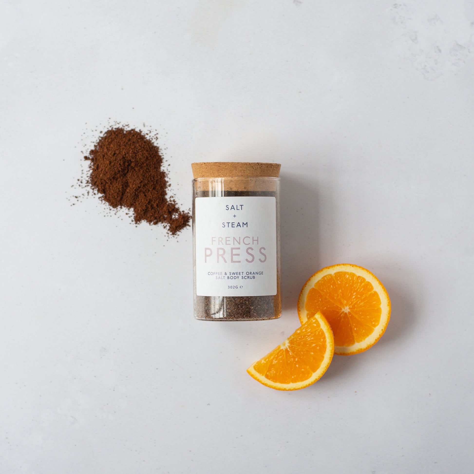 Salt + Steam French Press body scrub jar, 302g