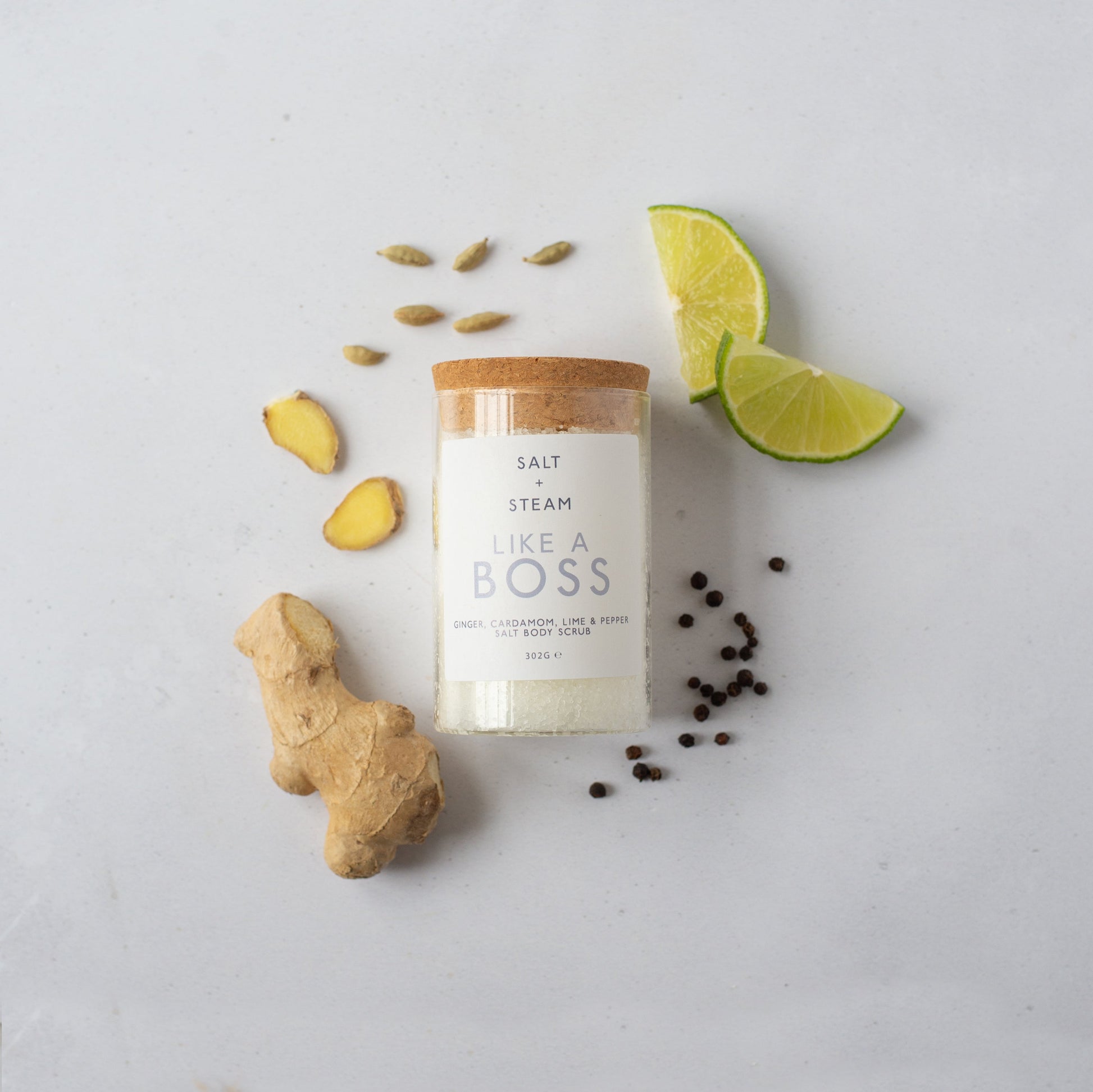 Salt + Steam Like A Boss body scrub jar, 302g