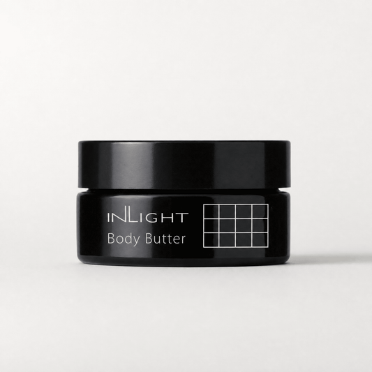 Black jar of Inlight Beauty Body Butter 90ml on a white background