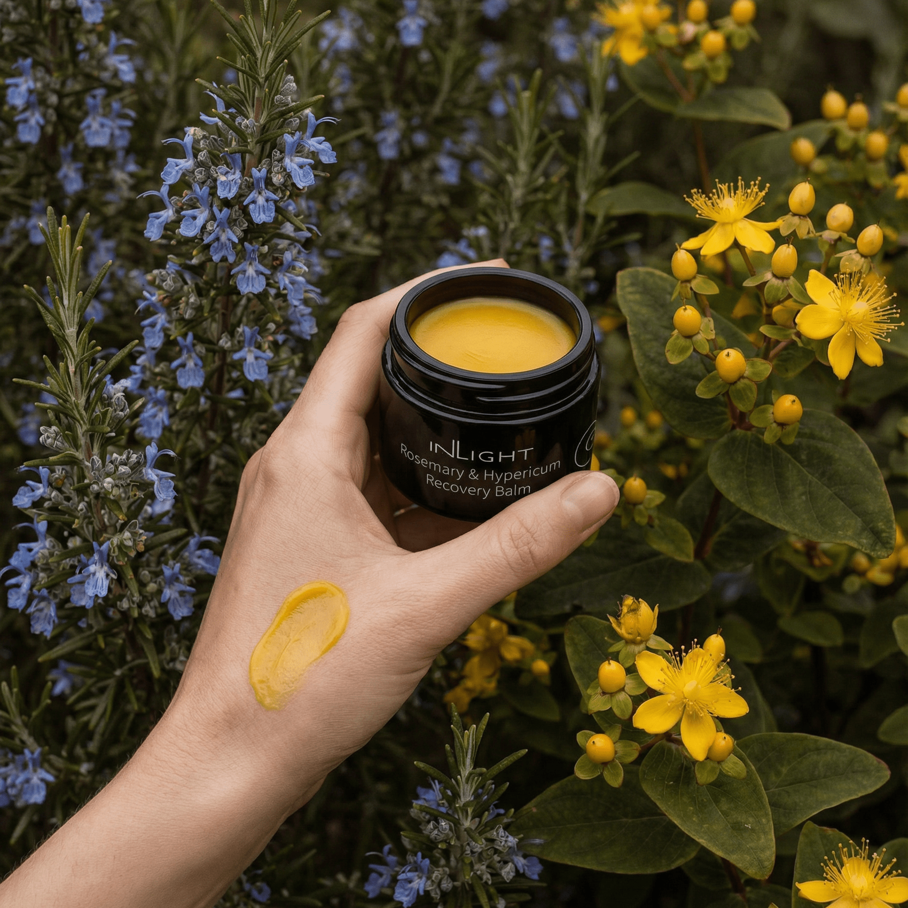 A hand holds an open black jar of Inlight Beauty Rosemary & Hypericum Recovery Balm 45ml, showing the bright yellow cream inside, with a smudge of the mask on the back of the hand. The background is filled with green leaves, yellow flowers, and blue rosemary sprigs.