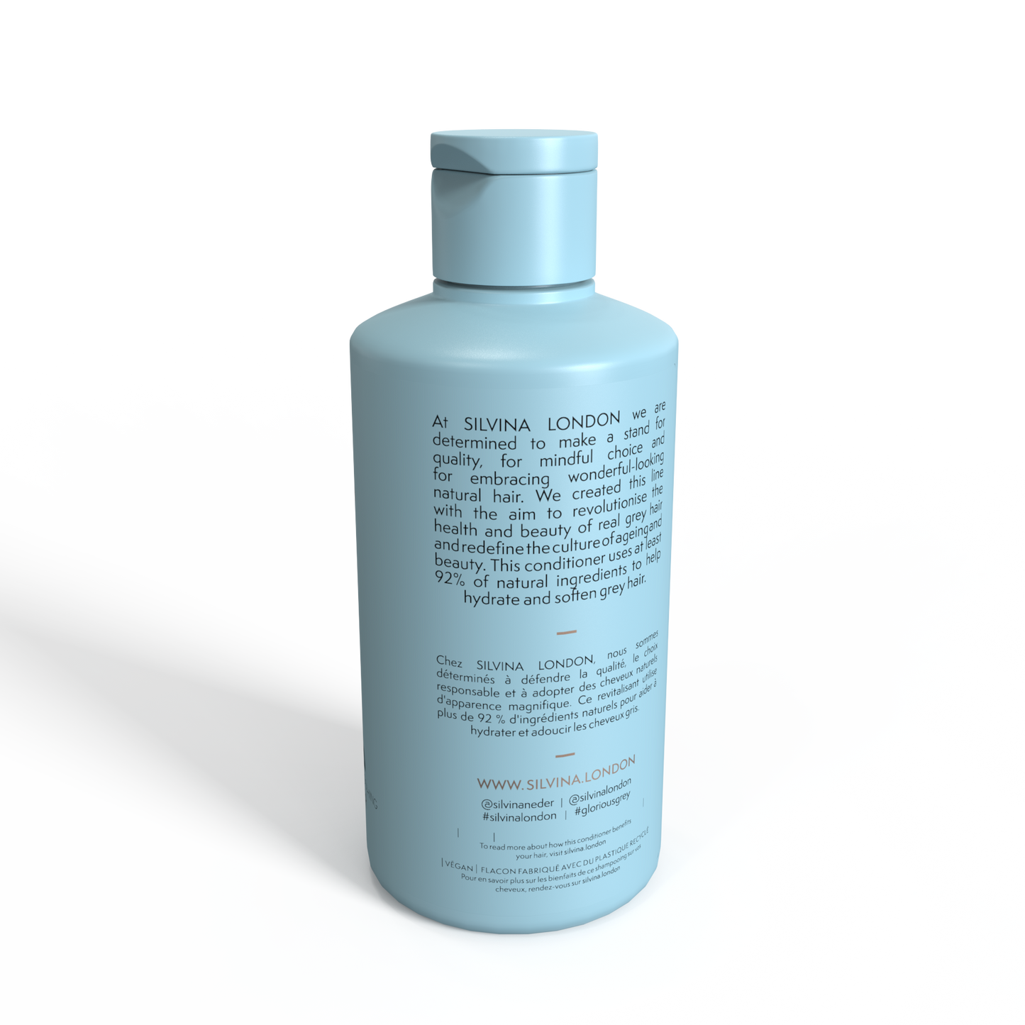 Blue bottle with ingredients text on a white background
