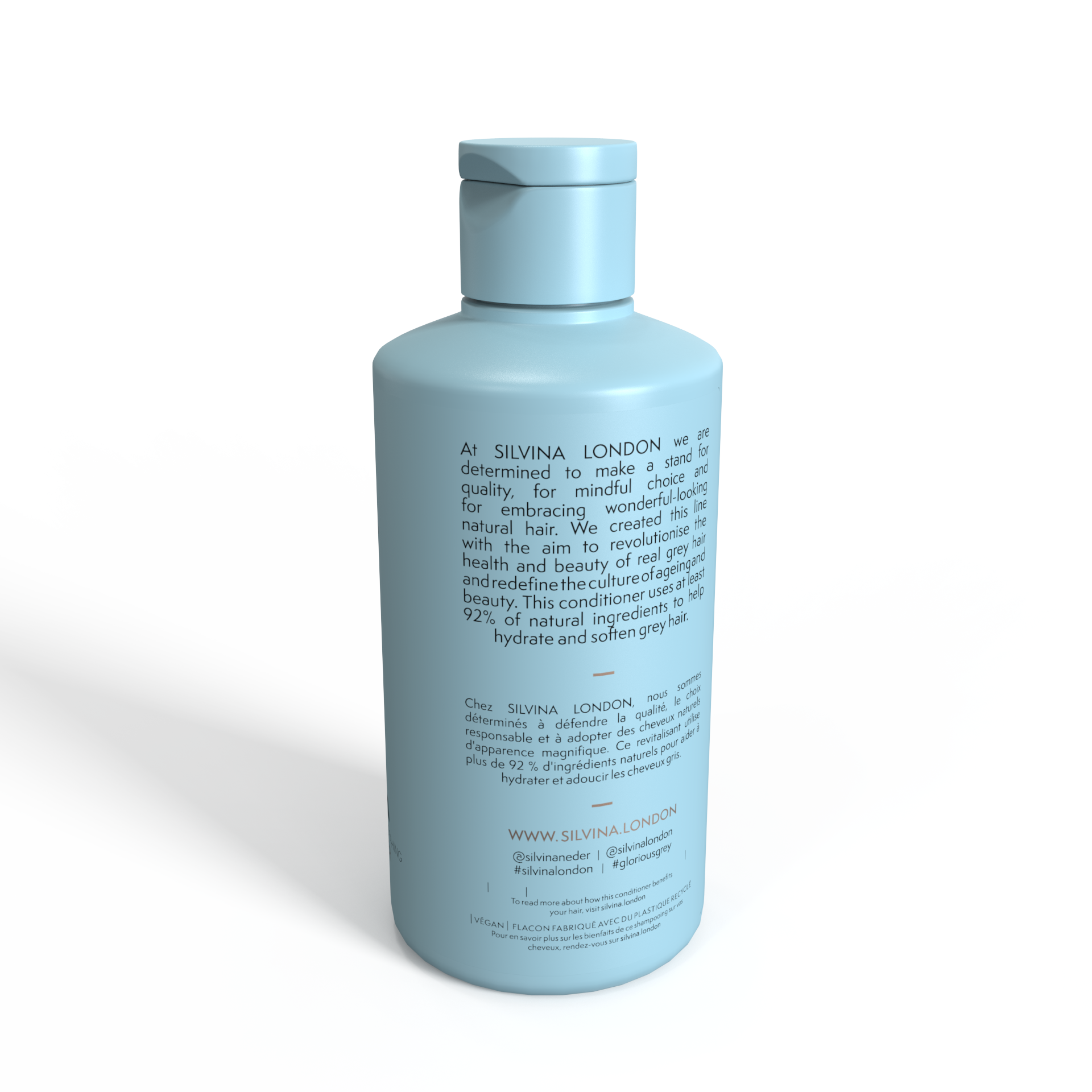 Blue bottle with ingredients text on a white background