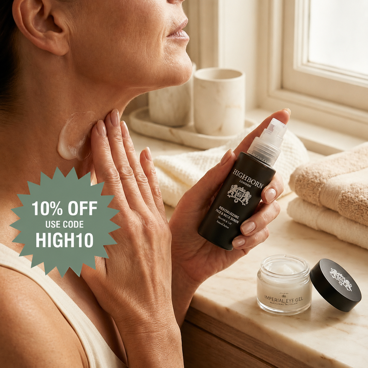 A woman in a bathroom applies cream to her neck while holding a black HIGHBORN eye cream bottle. A small open jar of cream and a green discount badge reading '10% OFF USE CODE HIGH10' are also visible.