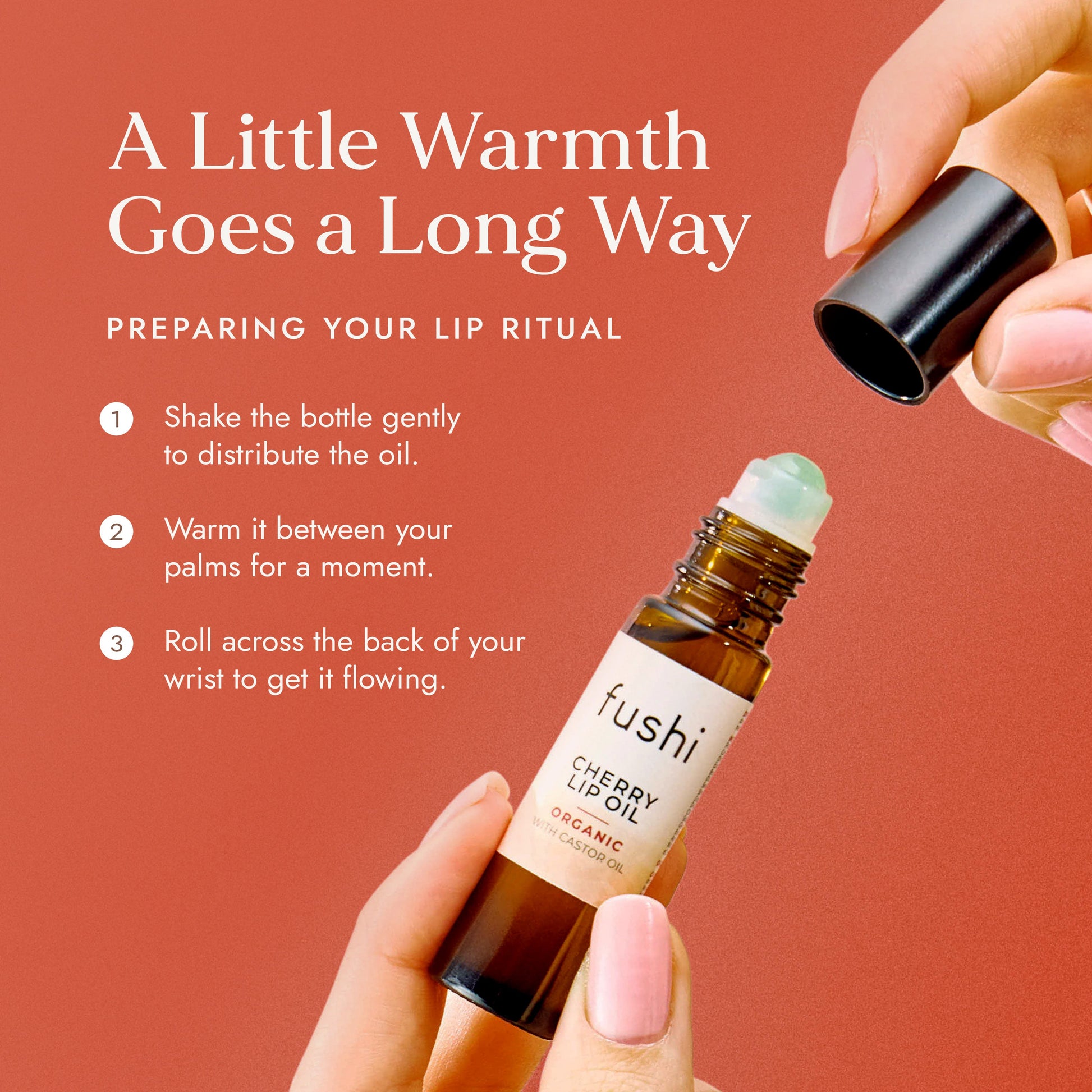Fushi Cherry Lip Oil with usage instructions on a red background