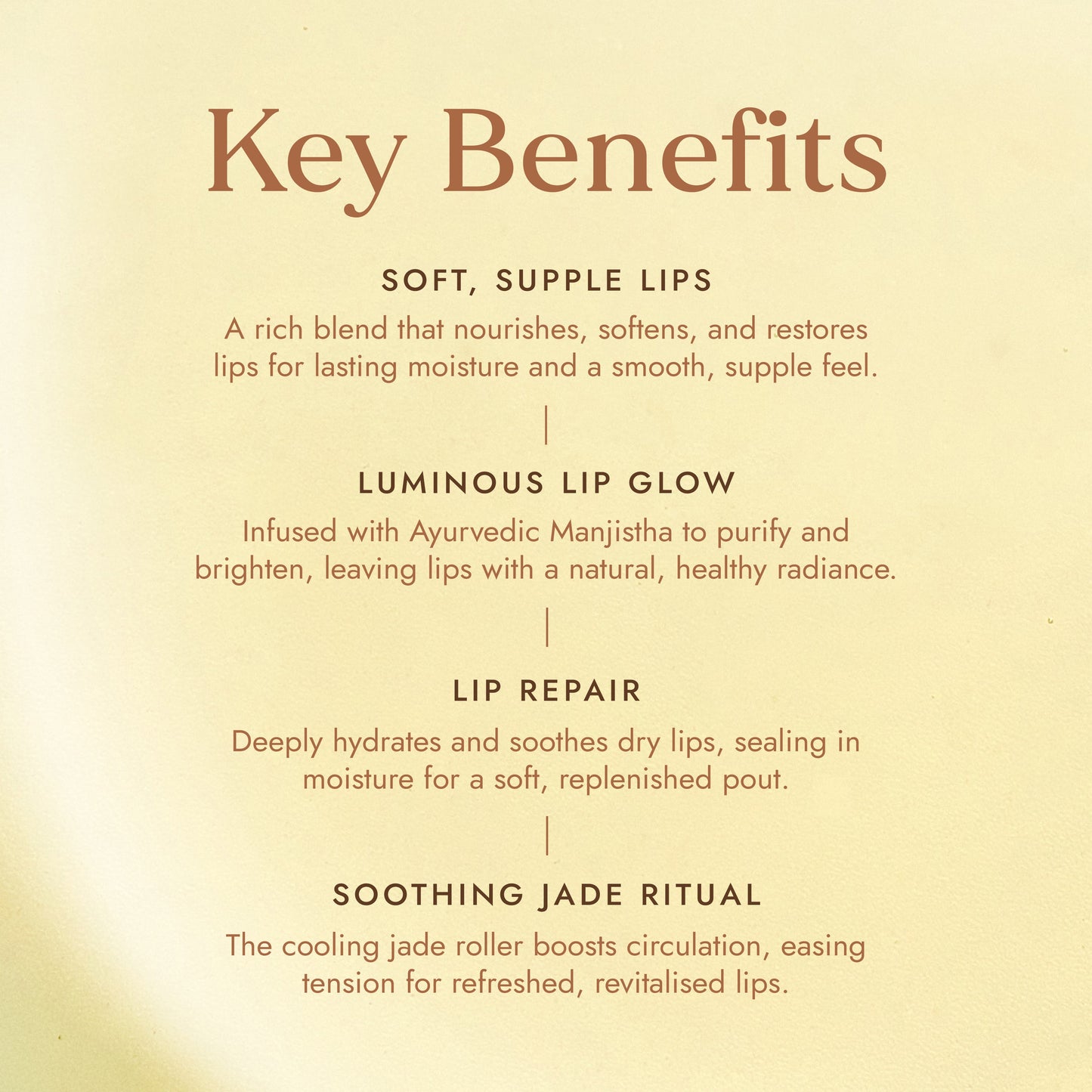 List of key benefits for a lip product on a beige background