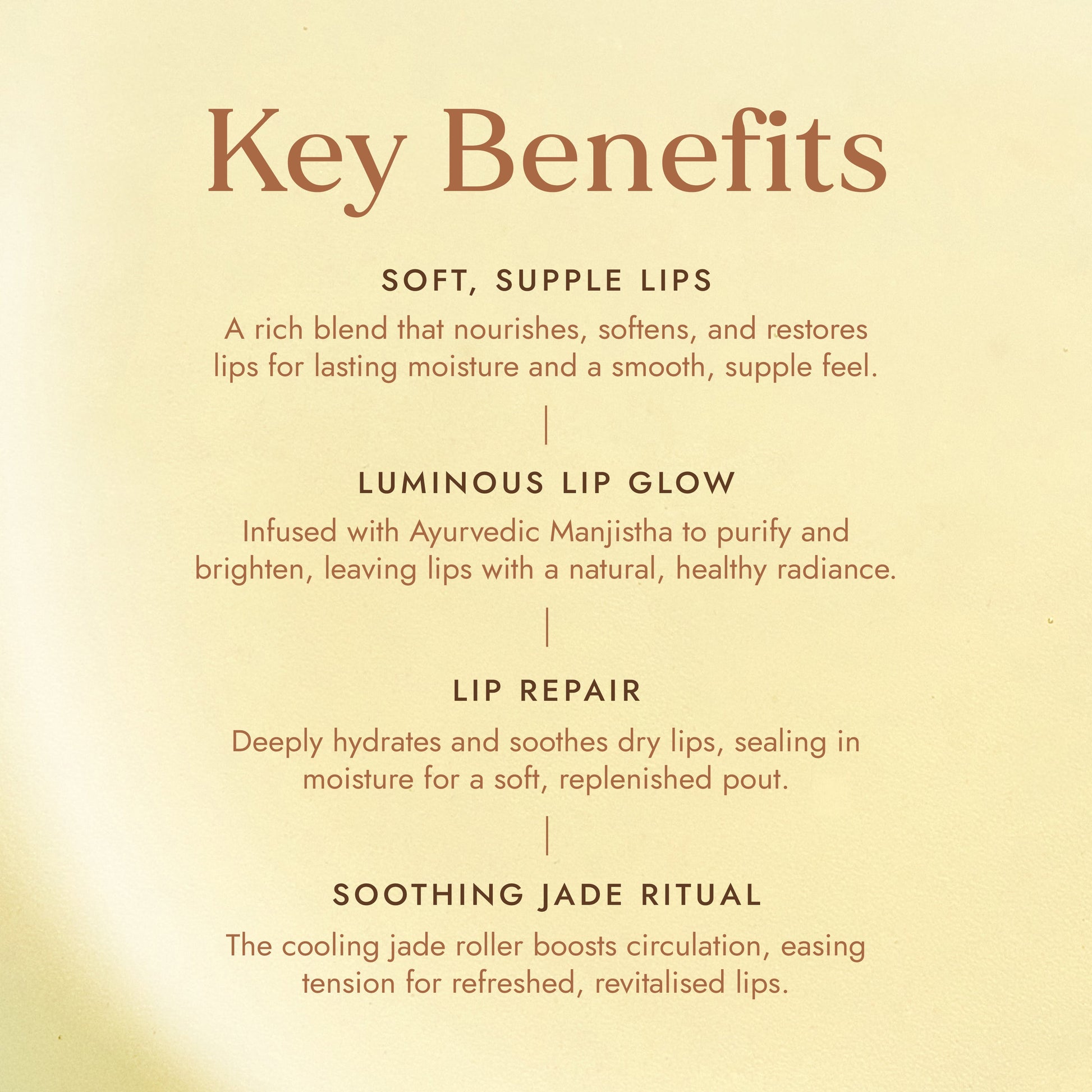 List of key benefits for a lip product on a beige background