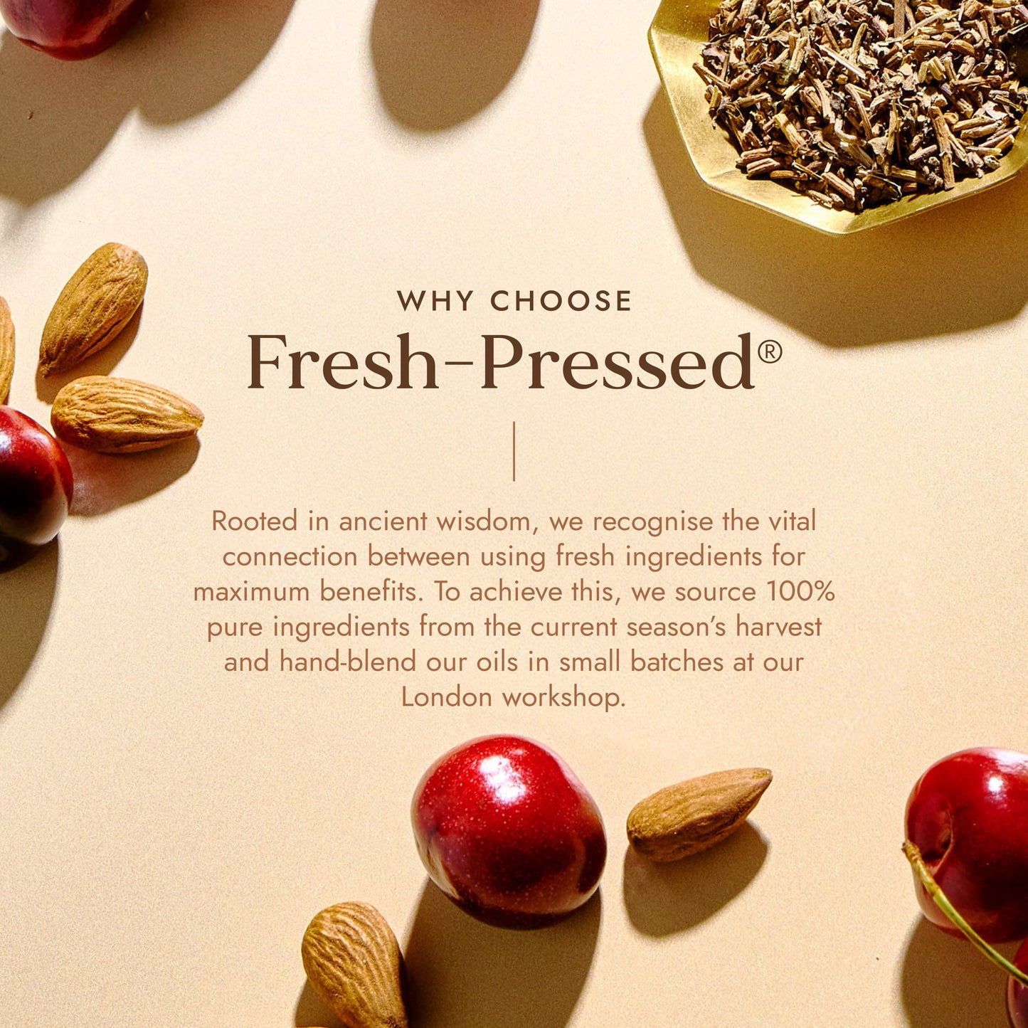 Advertisement for 'Fresh-Pressed' with ingredients and text on a beige background