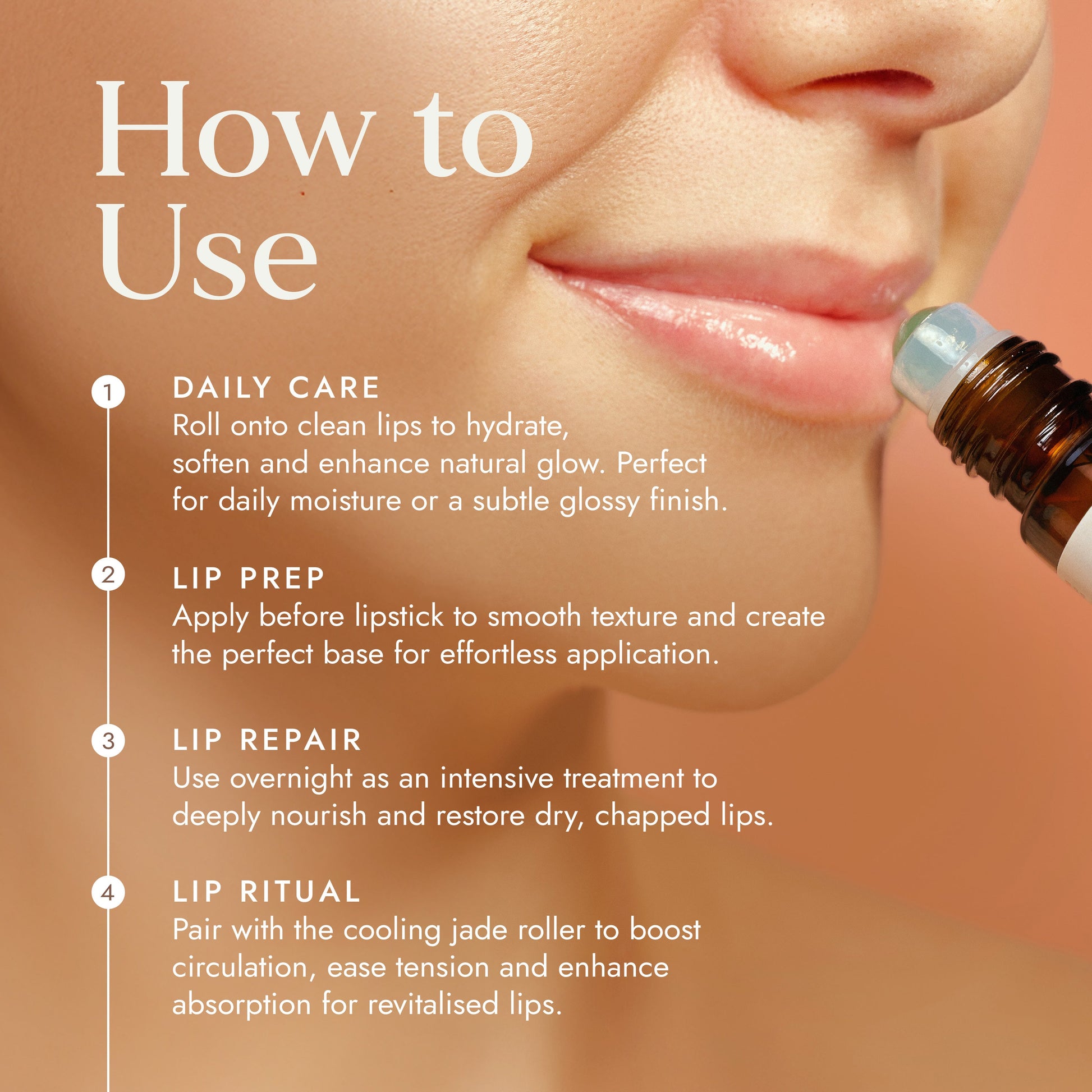 Instructions on how to use a lip treatment product with a close-up of lips and a dropper.