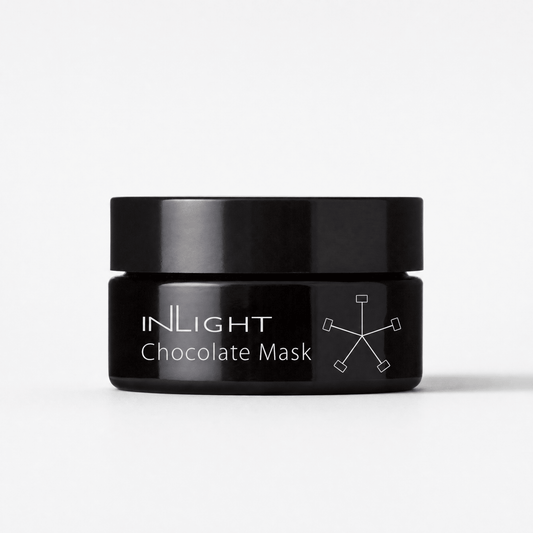 Black jar of Inlight Beauty Chocolate Mask 25ml on a white background