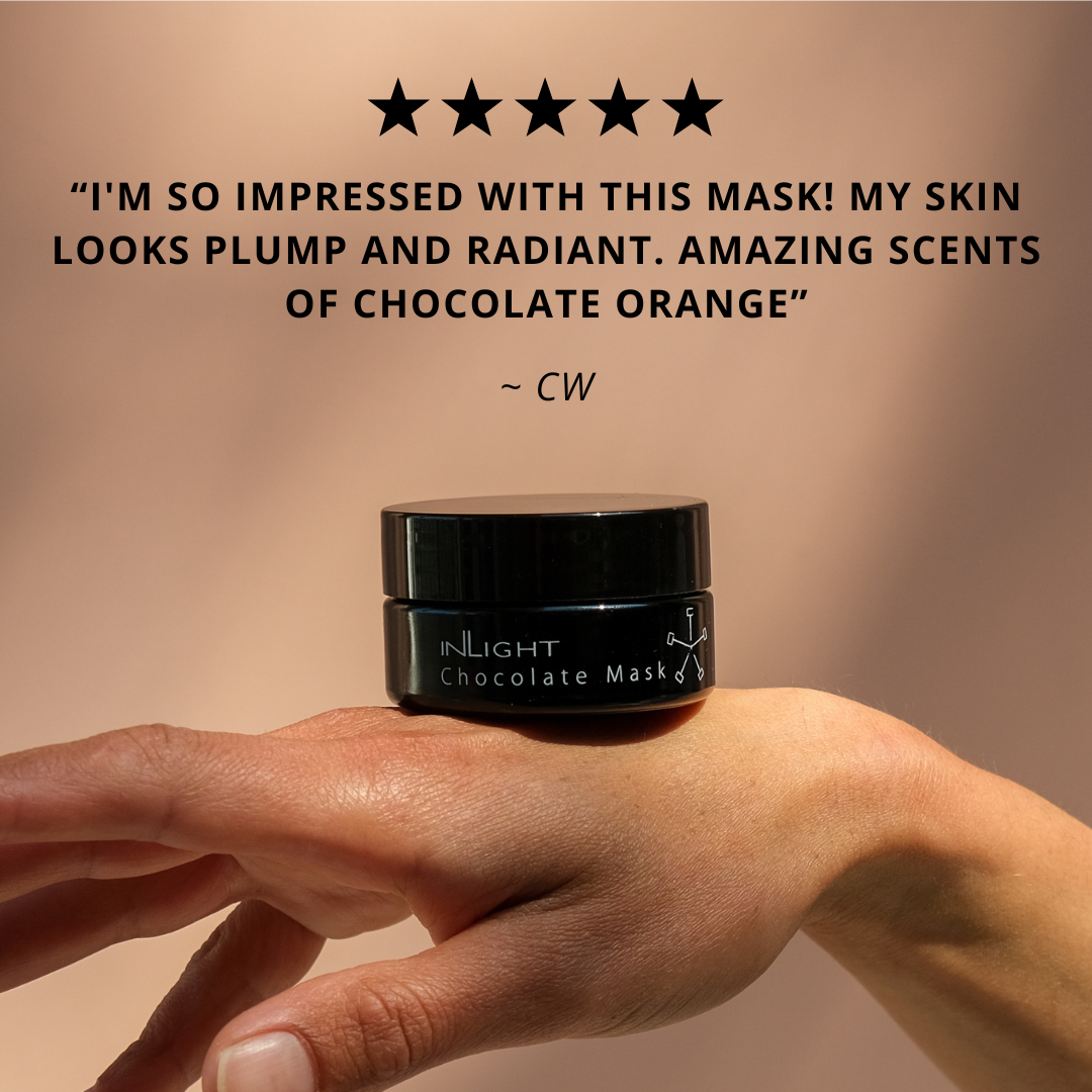 A hand holding a small black jar labeled 'Inlight Beauty Chocolate Mask 25ml' against a warm beige background, with five stars and a customer review quote overlaid at the top.