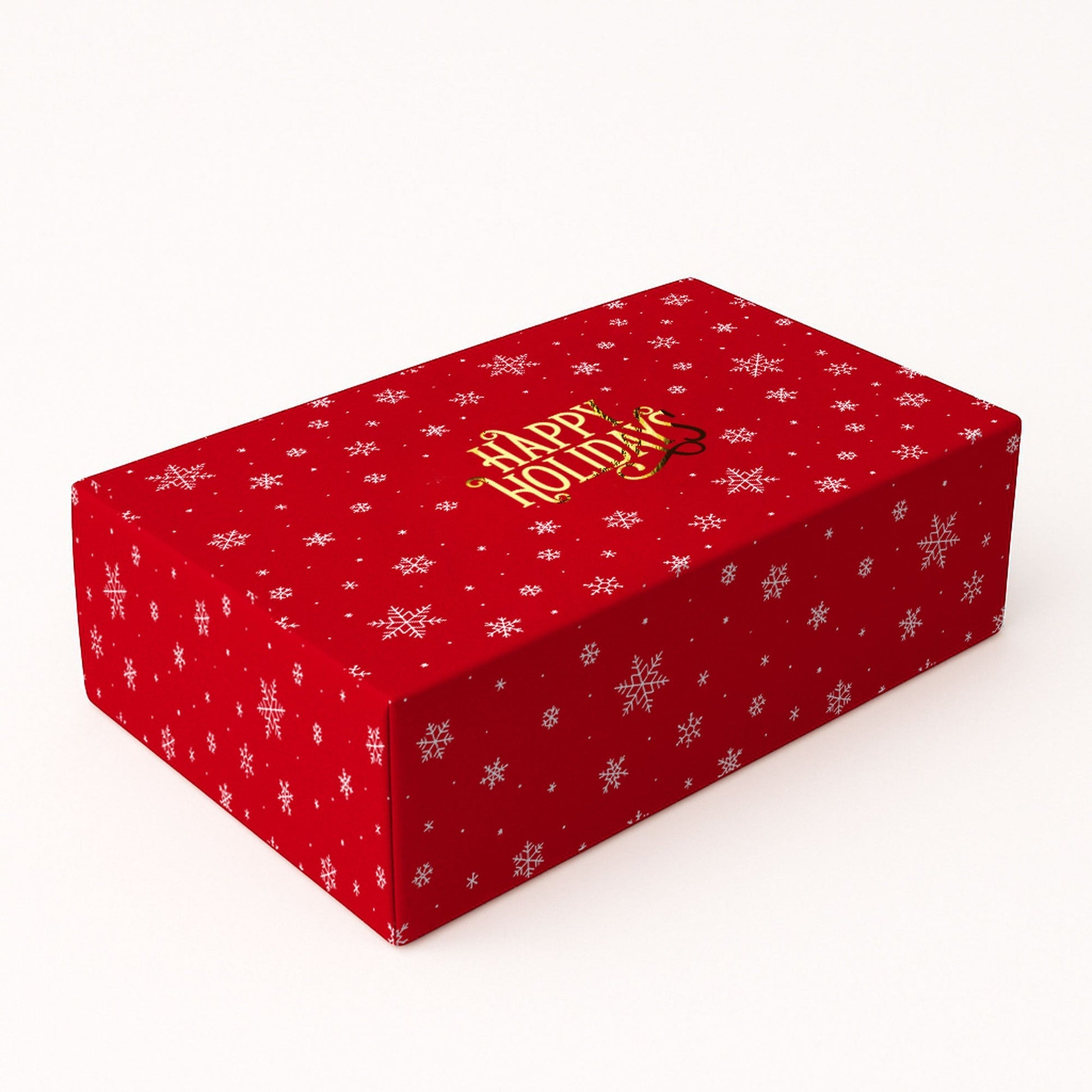 Red gift box with snowflake pattern and 'Happy Holidays' text on a white background