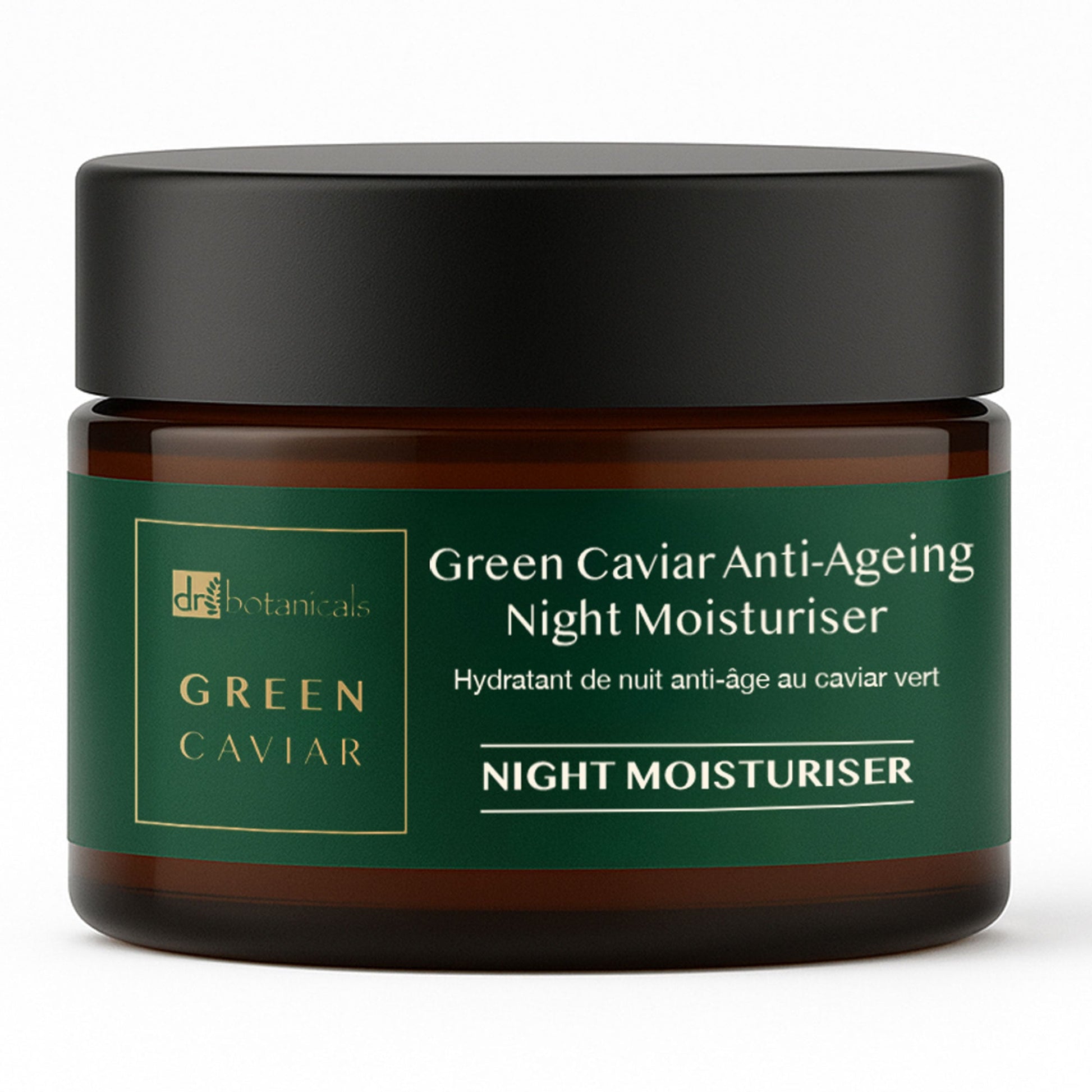 Jar of Green Caviar Anti-Ageing Night Moisturiser with green label and black lid on white background