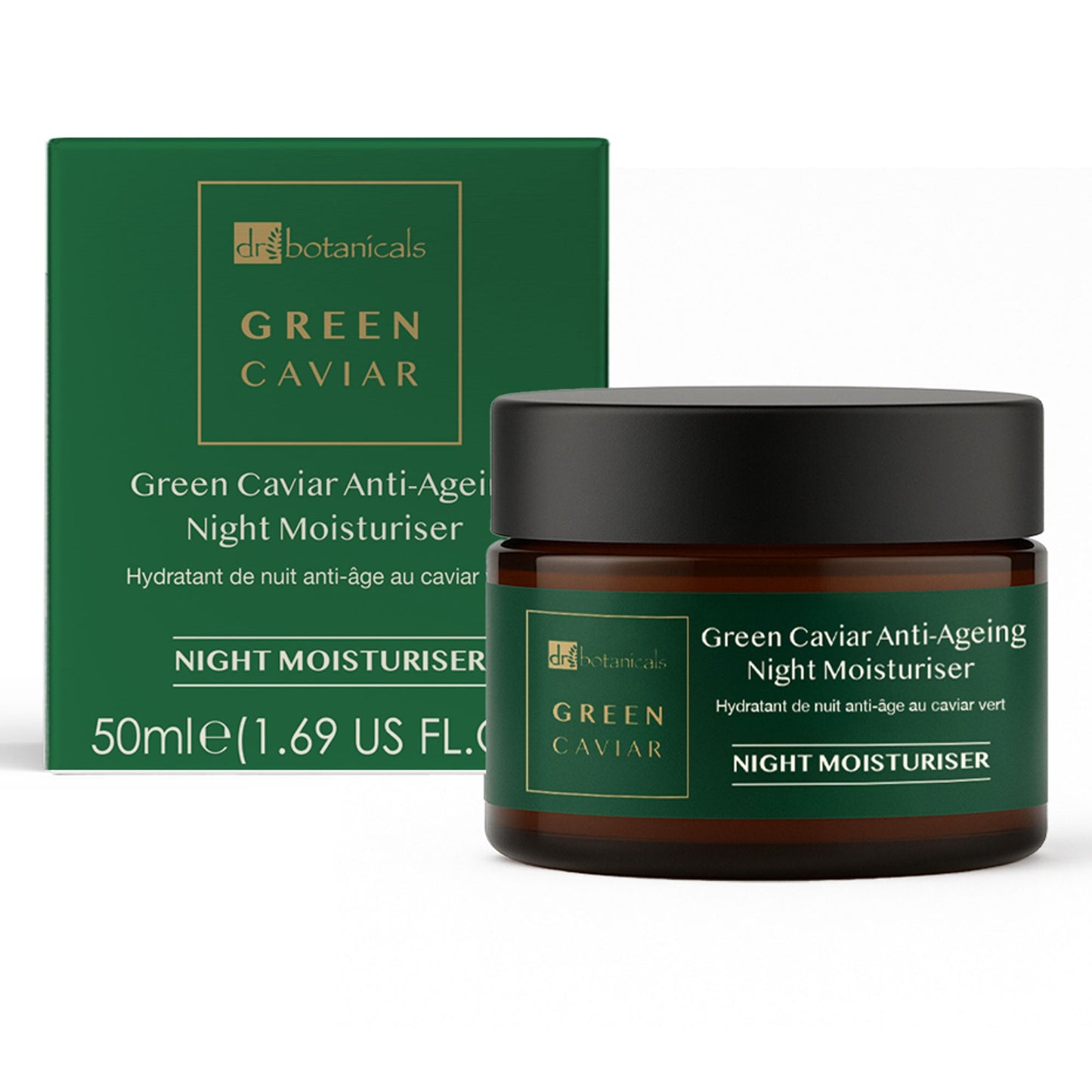 Green Caviar anti-ageing night moisturizer with packaging on a white background