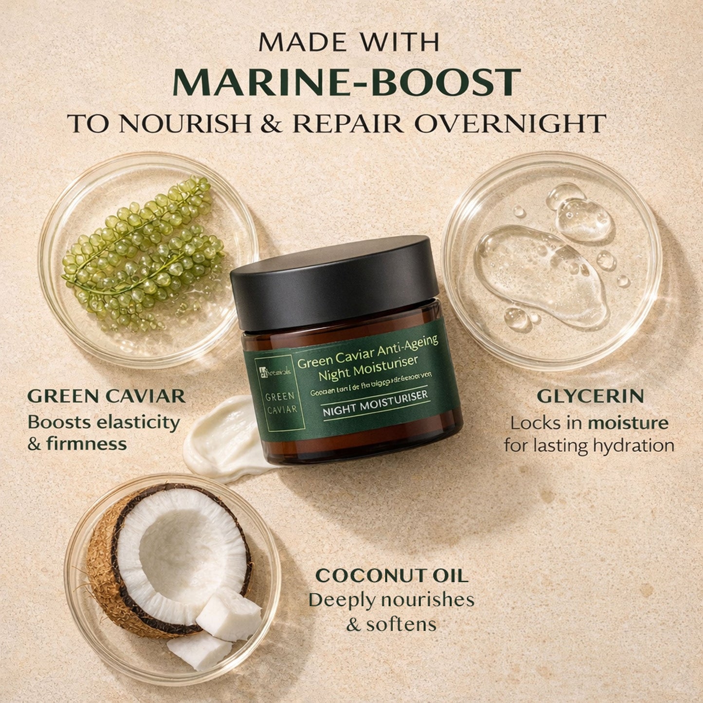 Green caviar night moisturizer with ingredients displayed on a beige background