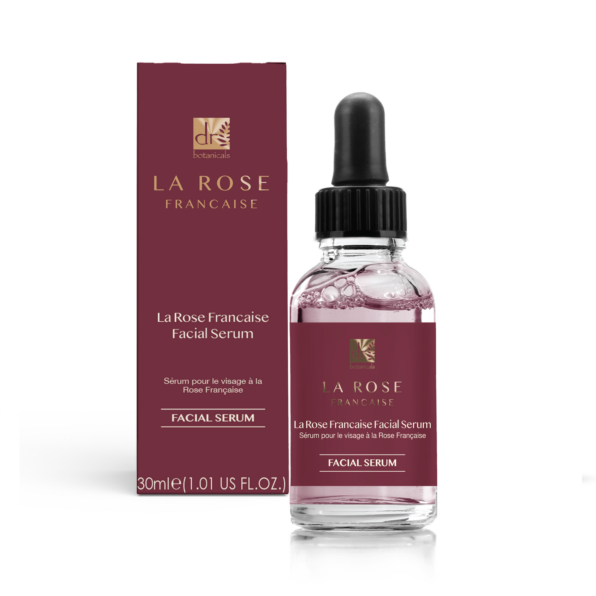 La Rose Française facial serum bottle and packaging on a white background