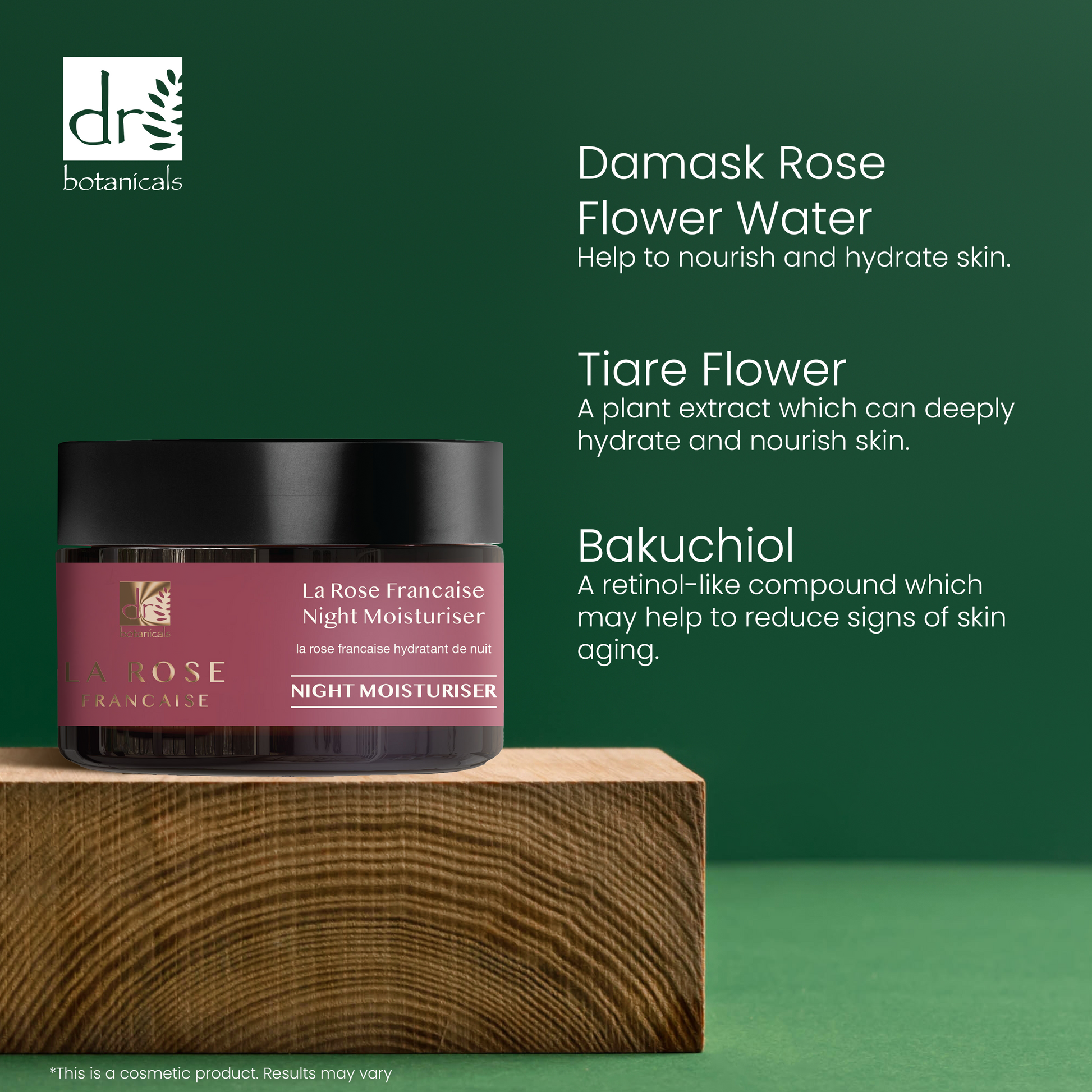 Night moisturizer jar with product details on a green background