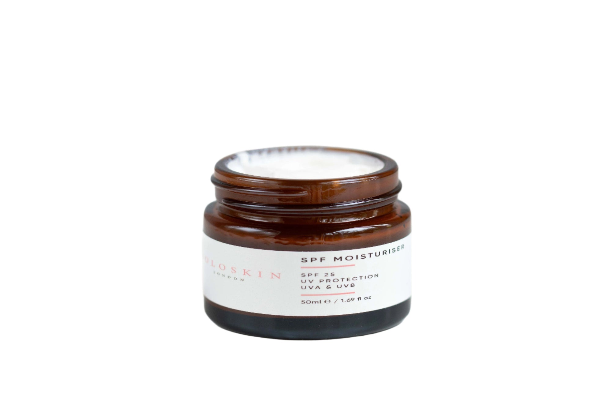 Jar of SPF moisturiser with wooden lid on a white background