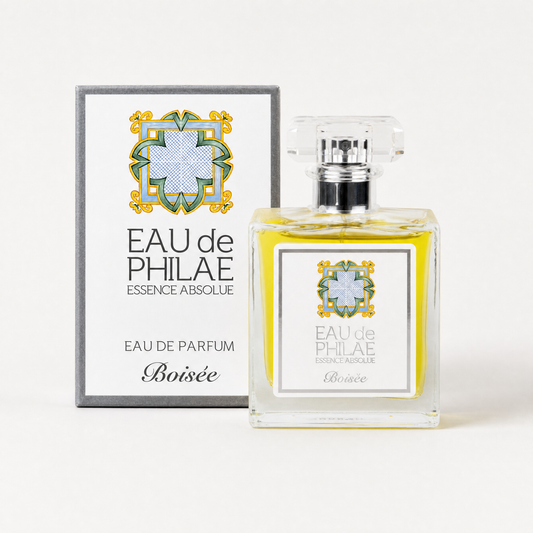 A bottle of Inlight Beauty Eau de Parfum Boisée for Him 50ml next to its original packaging box, both featuring a white label with a blue and green geometric cross design and gold accents, set against a clean white background.