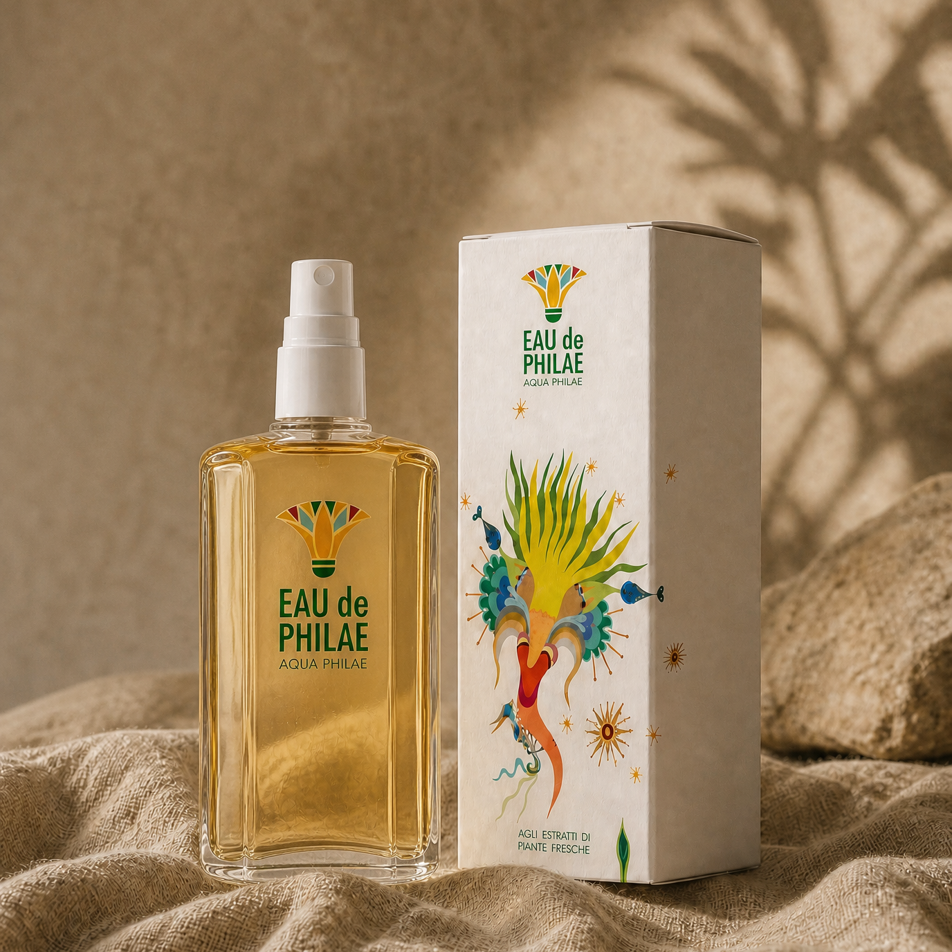 A bottle of Eau de Philae perfume spray with a white spray top stands next to its white product box, both featuring colourful illustrations of a bird and the brand name, set on a textured beige fabric with warm shadow overlays.