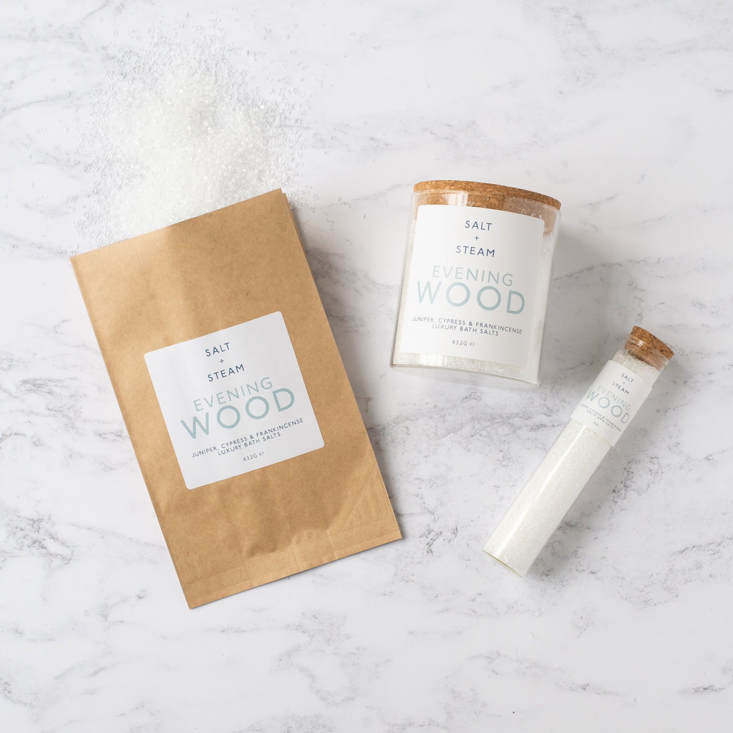 Salt + Steam bath salts range including Evening Wood