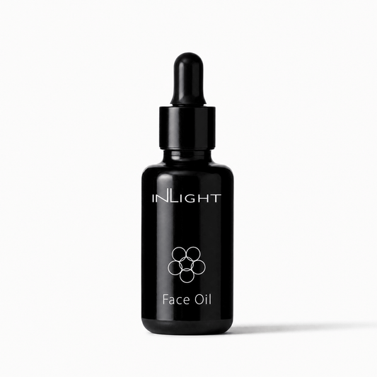 Black bottle of Inlight Beauty Face Oil 30ml with dropper on a white background