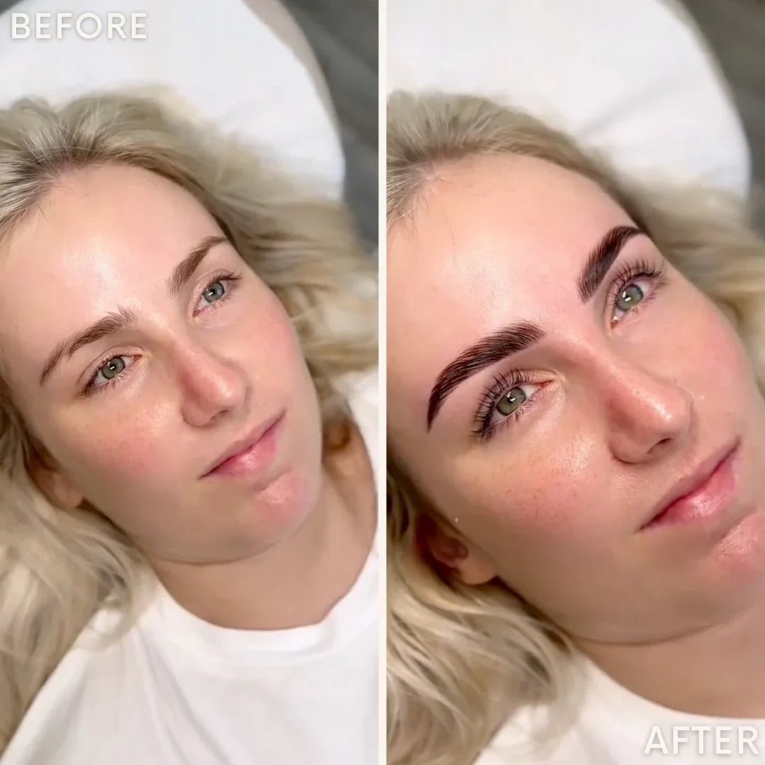 Before and after comparison of a woman with enhanced eyebrows.