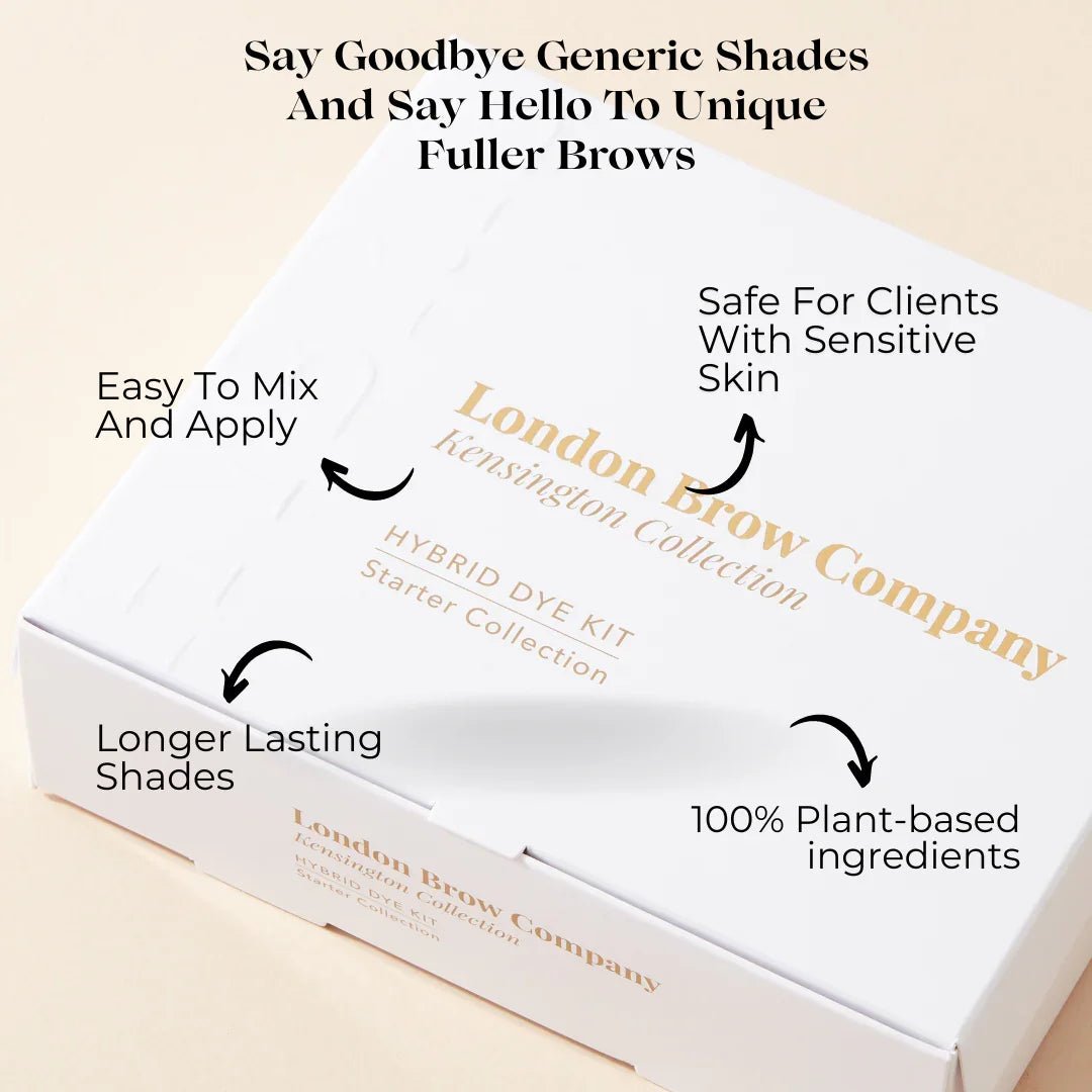 Box of London Brow Company hybrid dye kit with text highlighting features