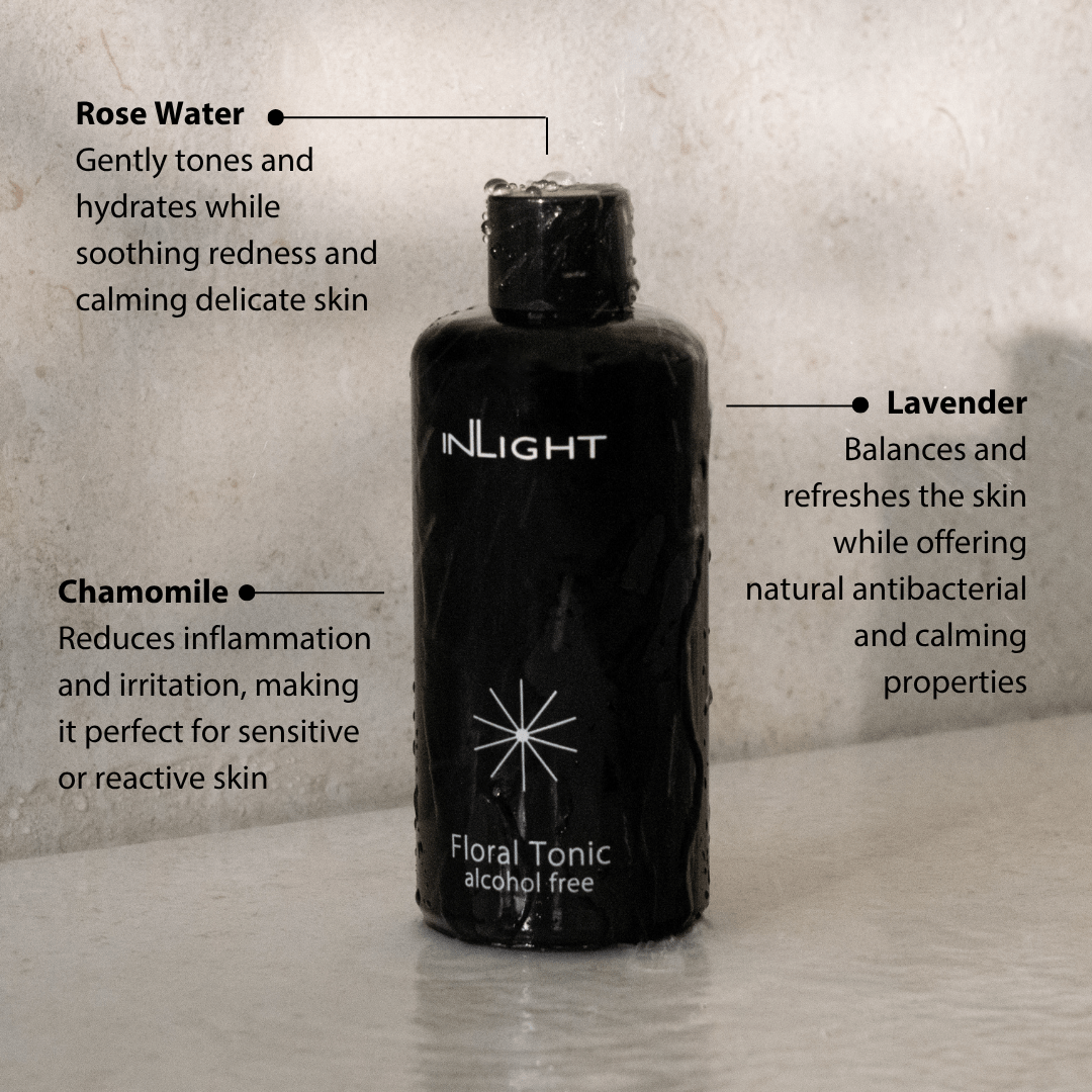 Black bottle of Inlight Beauty Floral Tonic 200ml with text on a textured surface